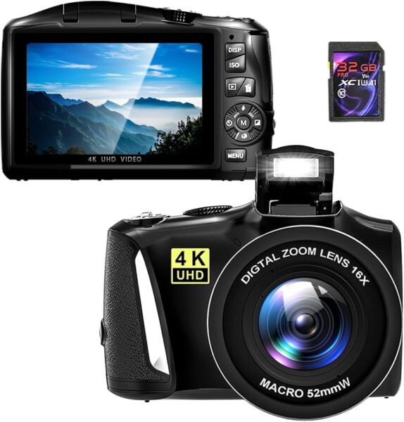 Ade Fotocamera digitali, 48MP 4K UHD Fotocamera con zoom digitale 16x e macro Lente, Fotocamera compatta con cruscotto rotante per adolescenti,...