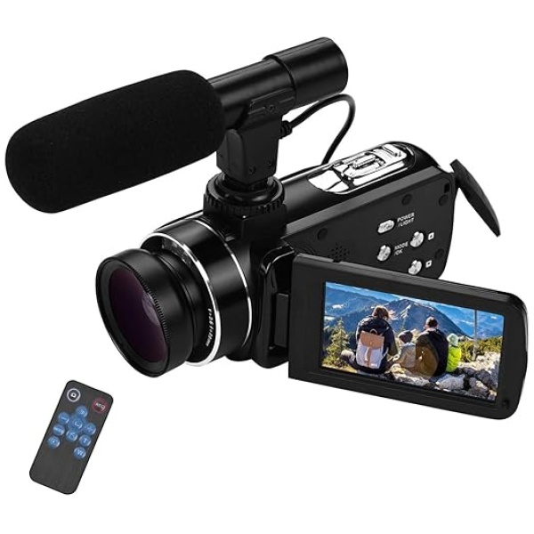 Andoer Videokamera HD con Obiettivo Grandangolare 0.45X e Microfono Videocamera Digitale 4K Full HD Sensore CMOS Camcorder 18X Digital Zoom...