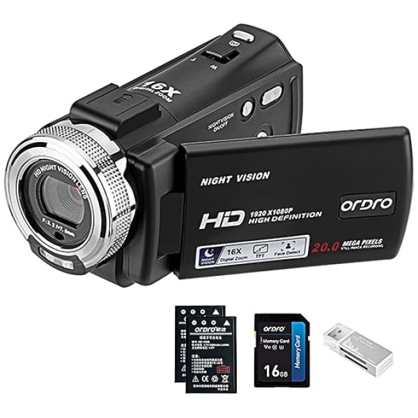 ORDRO V12 Videocamera Videocamera Full HD 1080P 30FPS Visione Notturna a Infrarossi Schermo LCD da 3,0 Pollici Zoom 16X Videocamere con Scheda SD...